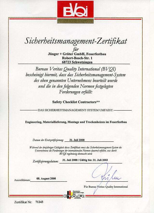 Zertifikat für das Arbeitssicherheits-Management-System